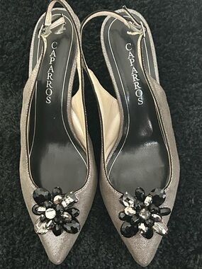 Caparros Pewter Silver Slingback Pointed Toe Heels w/ Crystal Flower Accent